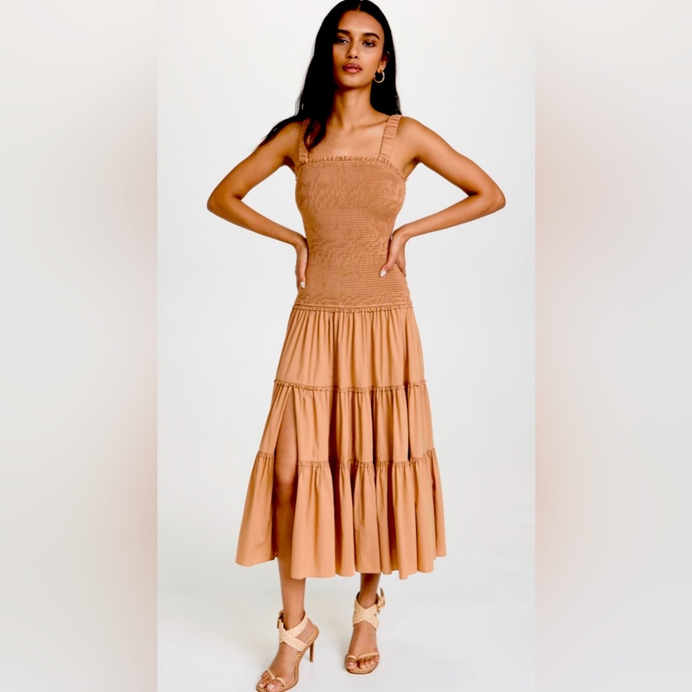Cinq a Sept NWT Rina tiered smocked dress with straps side slit Sahara Size 2